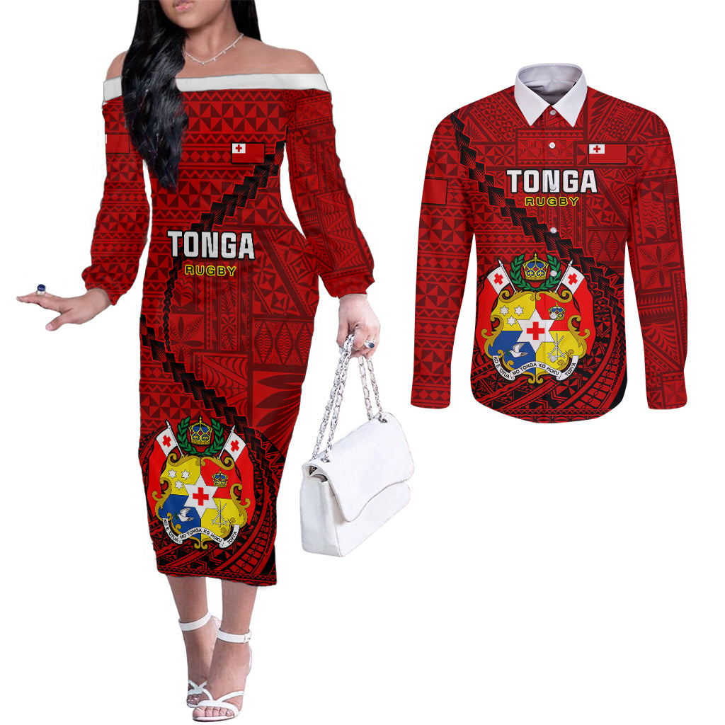 Custom Tonga Rugby Couples Matching Off The Shoulder Long Sleeve Dress and Long Sleeve Button Shirts Tongan Ngatu Pattern Black Version LT01 Red - Polynesian Pride