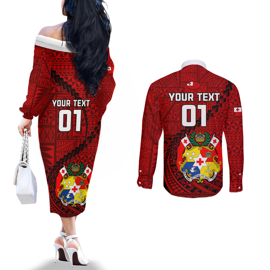 Custom Tonga Rugby Couples Matching Off The Shoulder Long Sleeve Dress and Long Sleeve Button Shirts Tongan Ngatu Pattern Black Version LT01 - Polynesian Pride