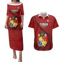 Custom Tonga Rugby Couples Matching Puletasi Dress and Hawaiian Shirt Tongan Ngatu Pattern Black Version LT01 Red - Polynesian Pride