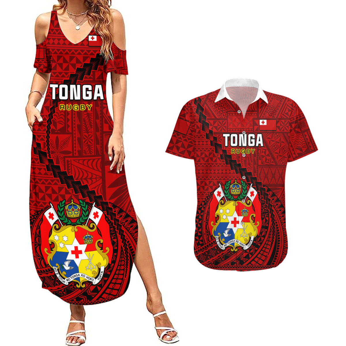 Custom Tonga Rugby Couples Matching Summer Maxi Dress and Hawaiian Shirt Tongan Ngatu Pattern Black Version LT01 Red - Polynesian Pride