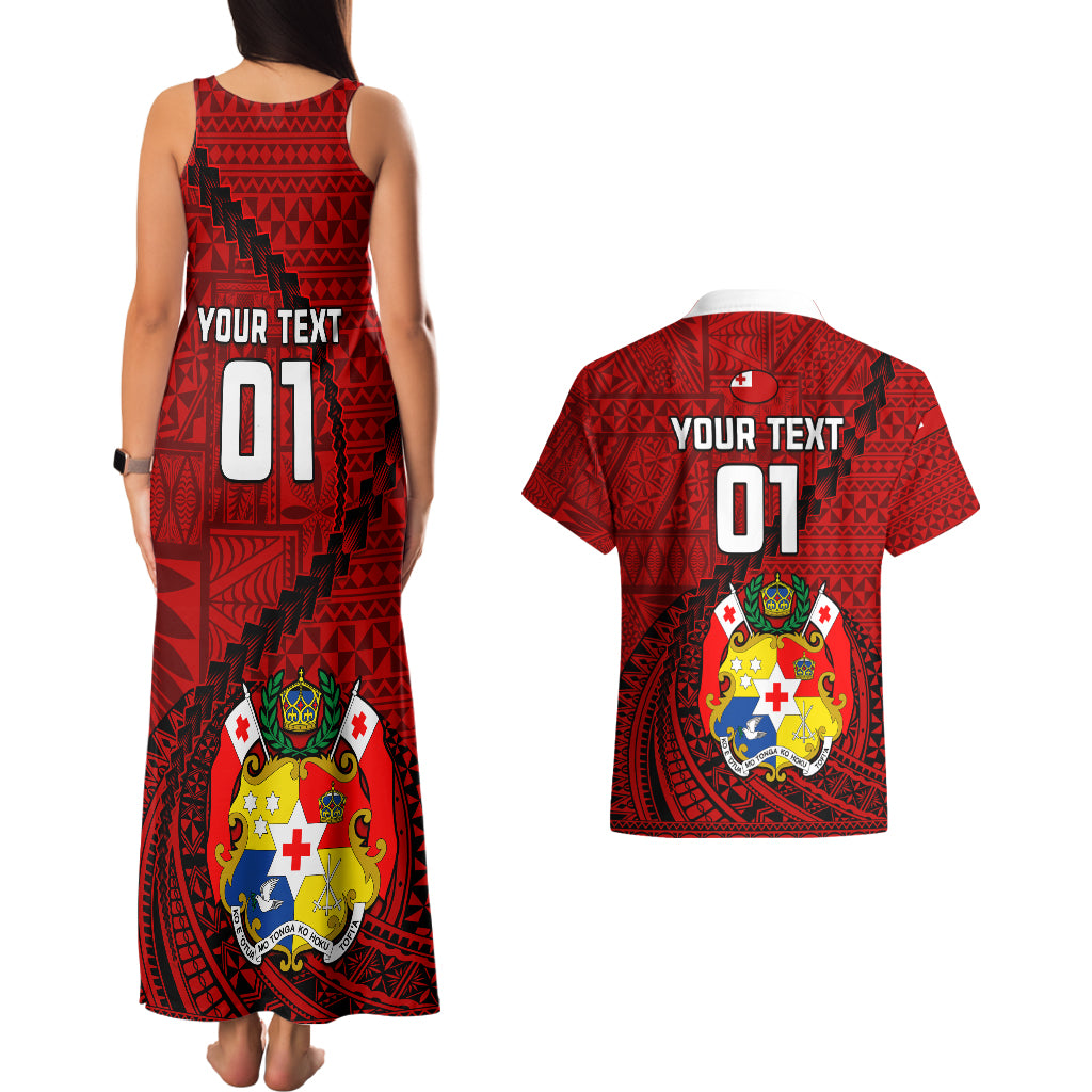 Custom Tonga Rugby Couples Matching Tank Maxi Dress and Hawaiian Shirt Tongan Ngatu Pattern Black Version LT01 - Polynesian Pride
