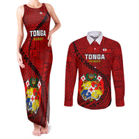 Custom Tonga Rugby Couples Matching Tank Maxi Dress and Long Sleeve Button Shirts Tongan Ngatu Pattern Black Version LT01 Red - Polynesian Pride