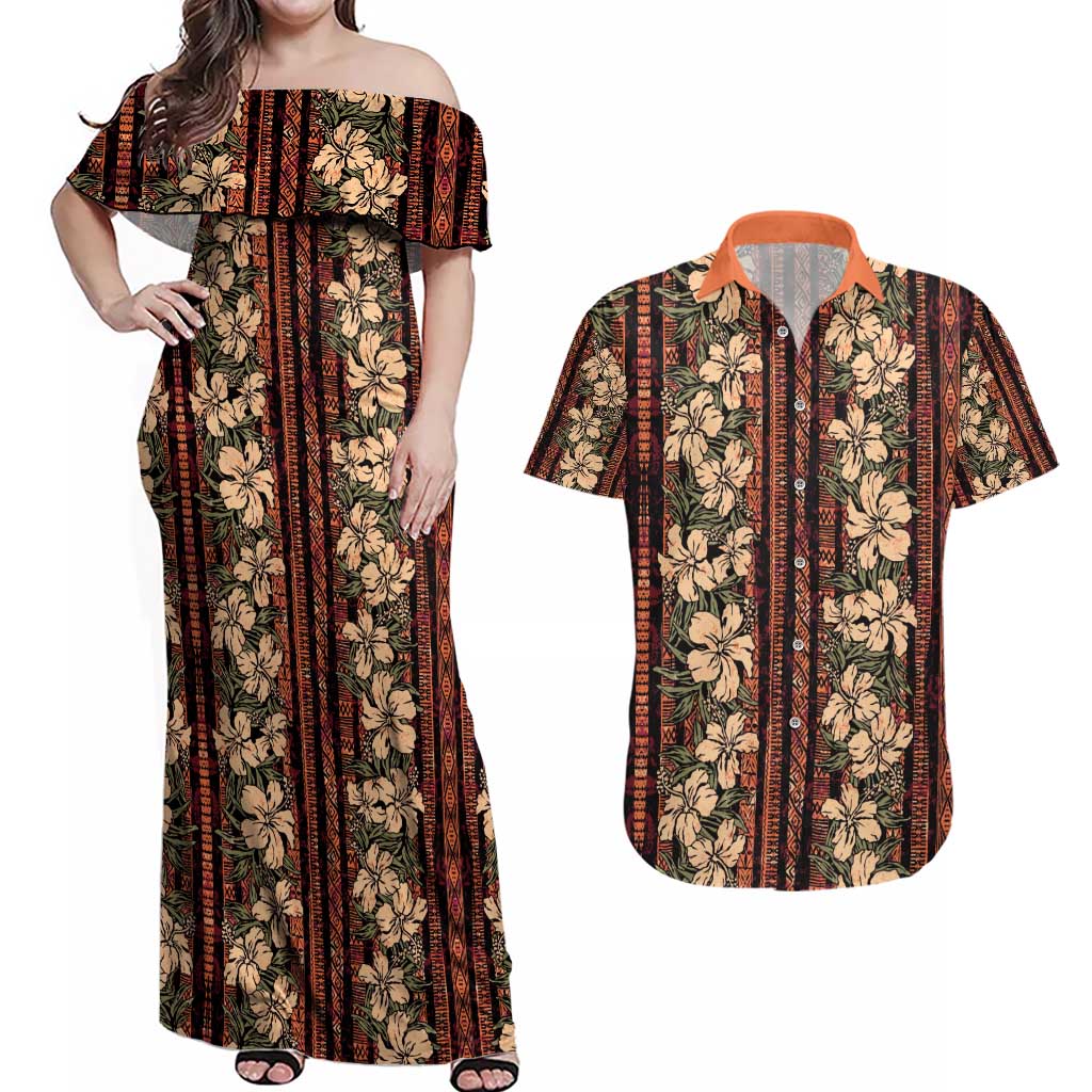 Hawaii Hibiscus Couples Matching Off Shoulder Maxi Dress and Hawaiian Shirt Retro Style - Polynesian Pride