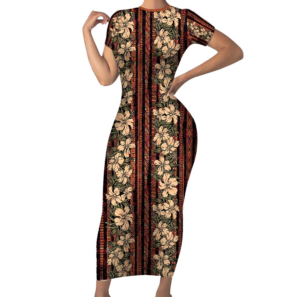 Hawaii Hibiscus Short Sleeve Bodycon Dress Retro Style - Polynesian Pride