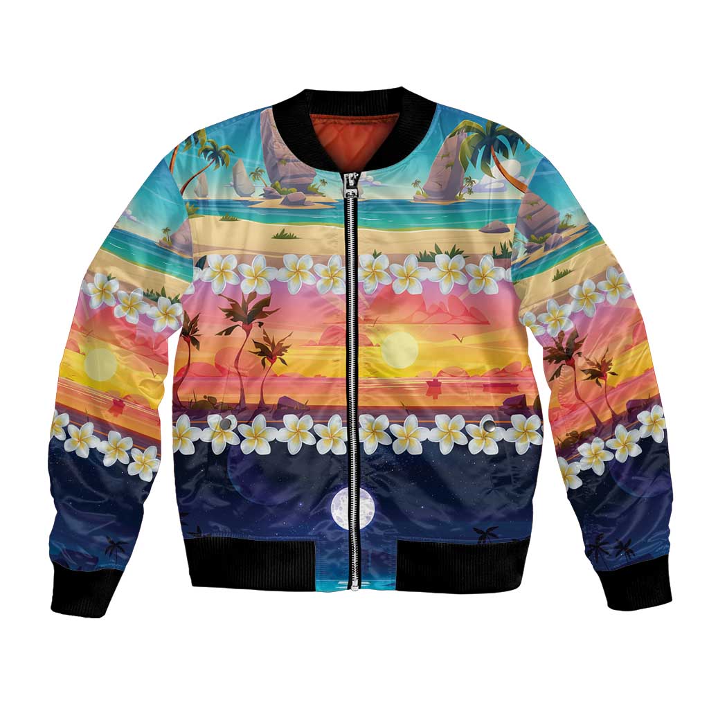 Hawaii Beach Landscape Time-Lapse Bomber Jacket Tropical Plumeria Flowers - Polynesian Pride