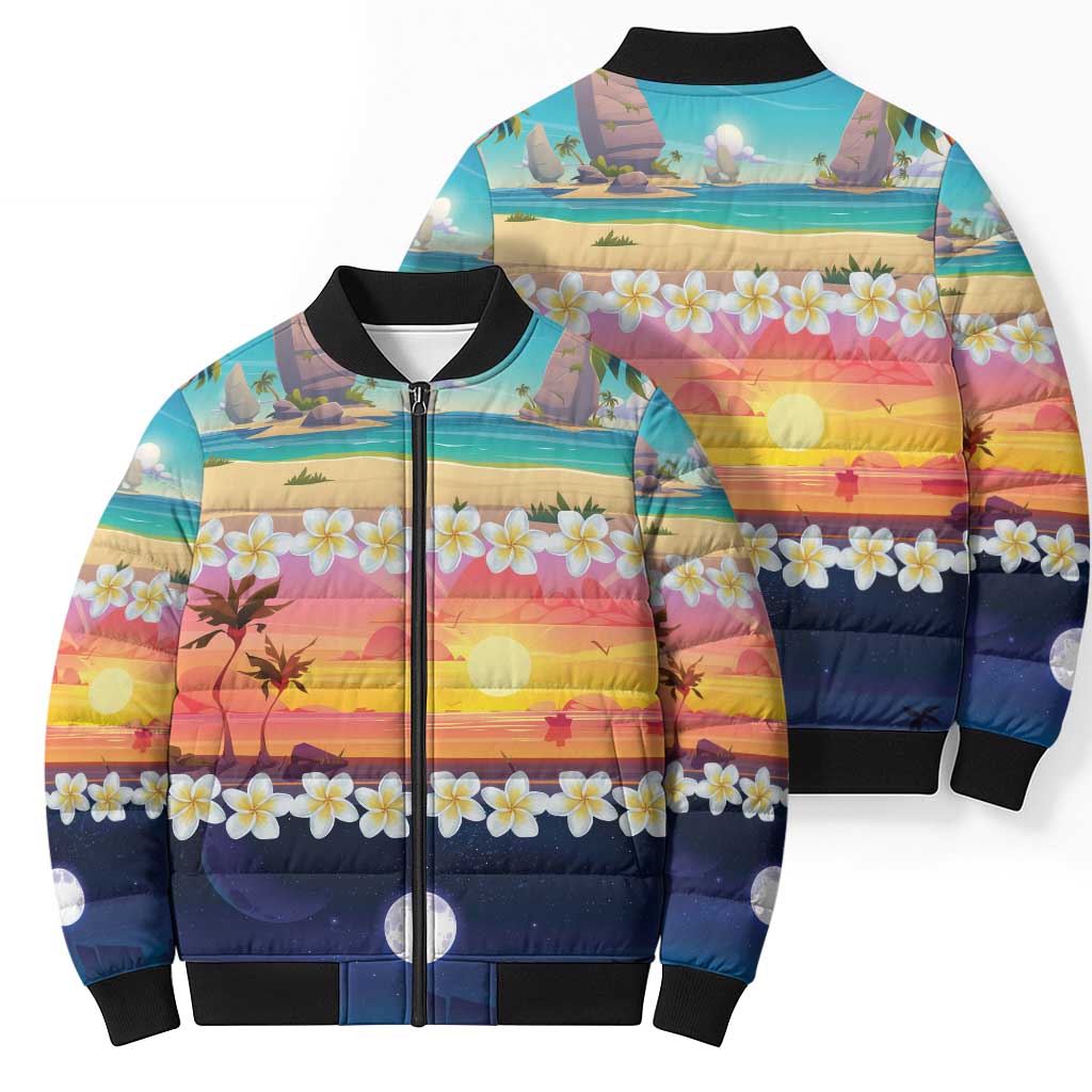 Hawaii Beach Landscape Time-Lapse Bomber Puffer Jacket Tropical Plumeria Flowers - Polynesian Pride
