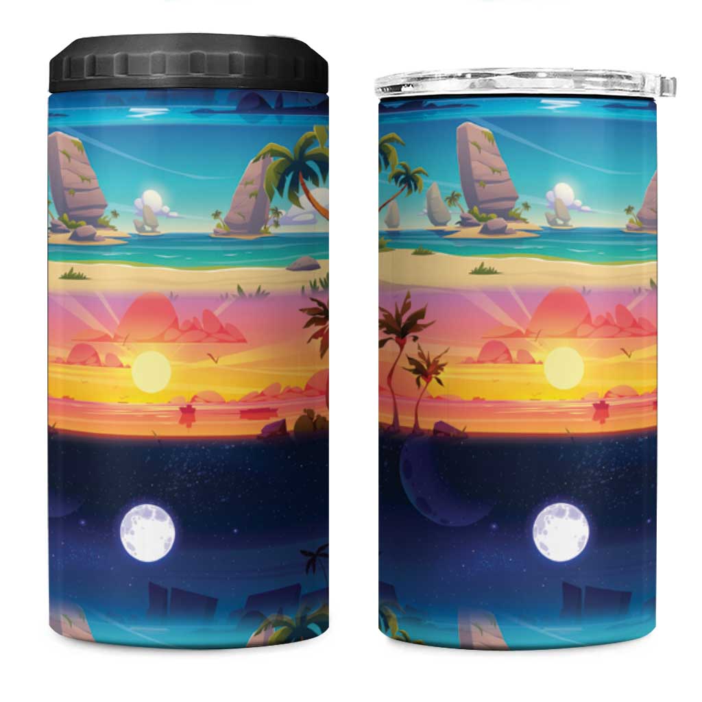 Hawaii Beach Landscape Time-Lapse 4 in 1 Can Cooler Tumbler Tropical Plumeria Flowers - Polynesian Pride
