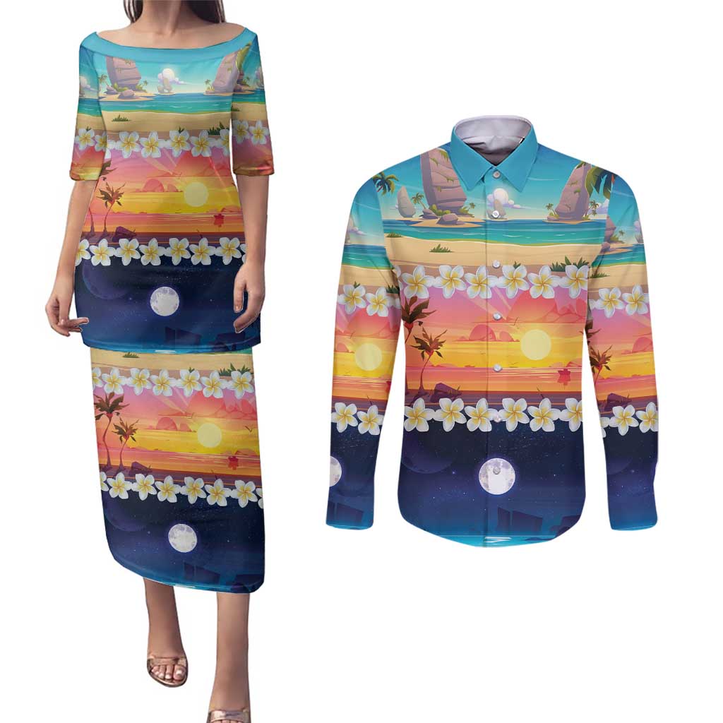 Hawaii Beach Landscape Time-Lapse Couples Matching Puletasi and Long Sleeve Button Shirt Tropical Plumeria Flowers - Polynesian Pride