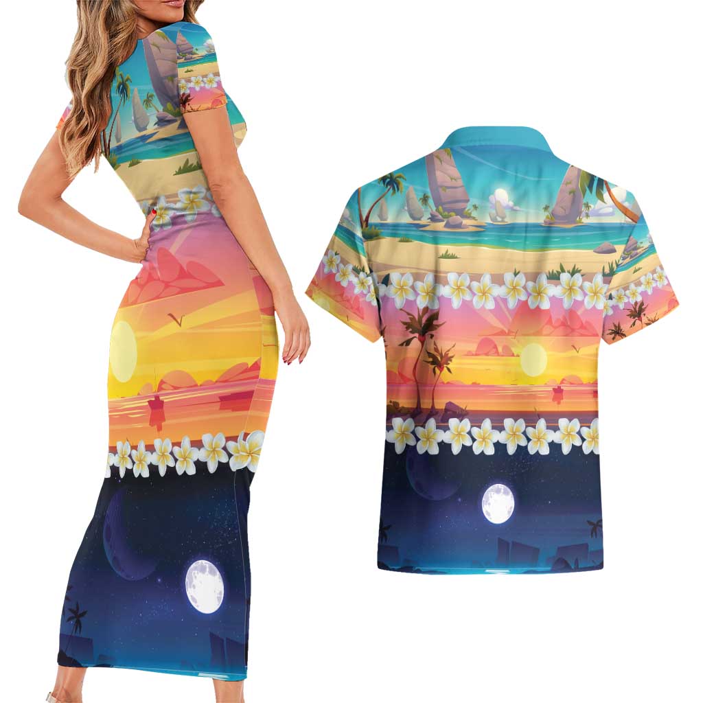 Hawaii Beach Landscape Time-Lapse Couples Matching Short Sleeve Bodycon Dress and Hawaiian Shirt Tropical Plumeria Flowers - Polynesian Pride