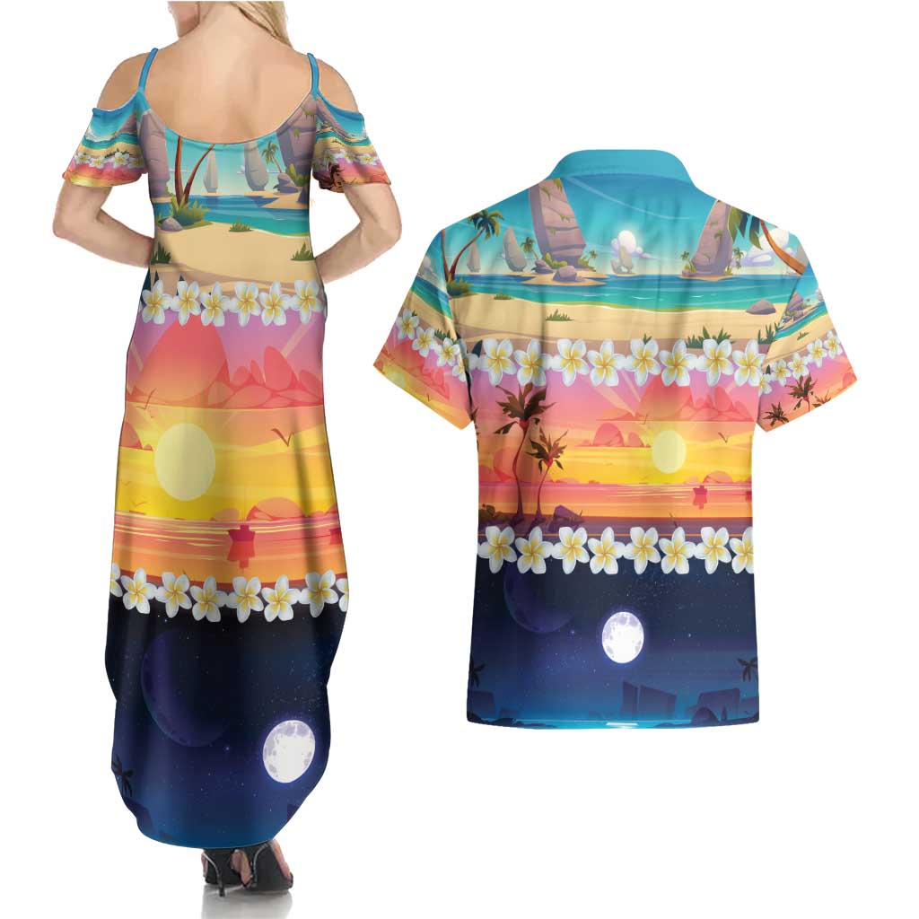 Hawaii Beach Landscape Time-Lapse Couples Matching Summer Maxi Dress and Hawaiian Shirt Tropical Plumeria Flowers - Polynesian Pride