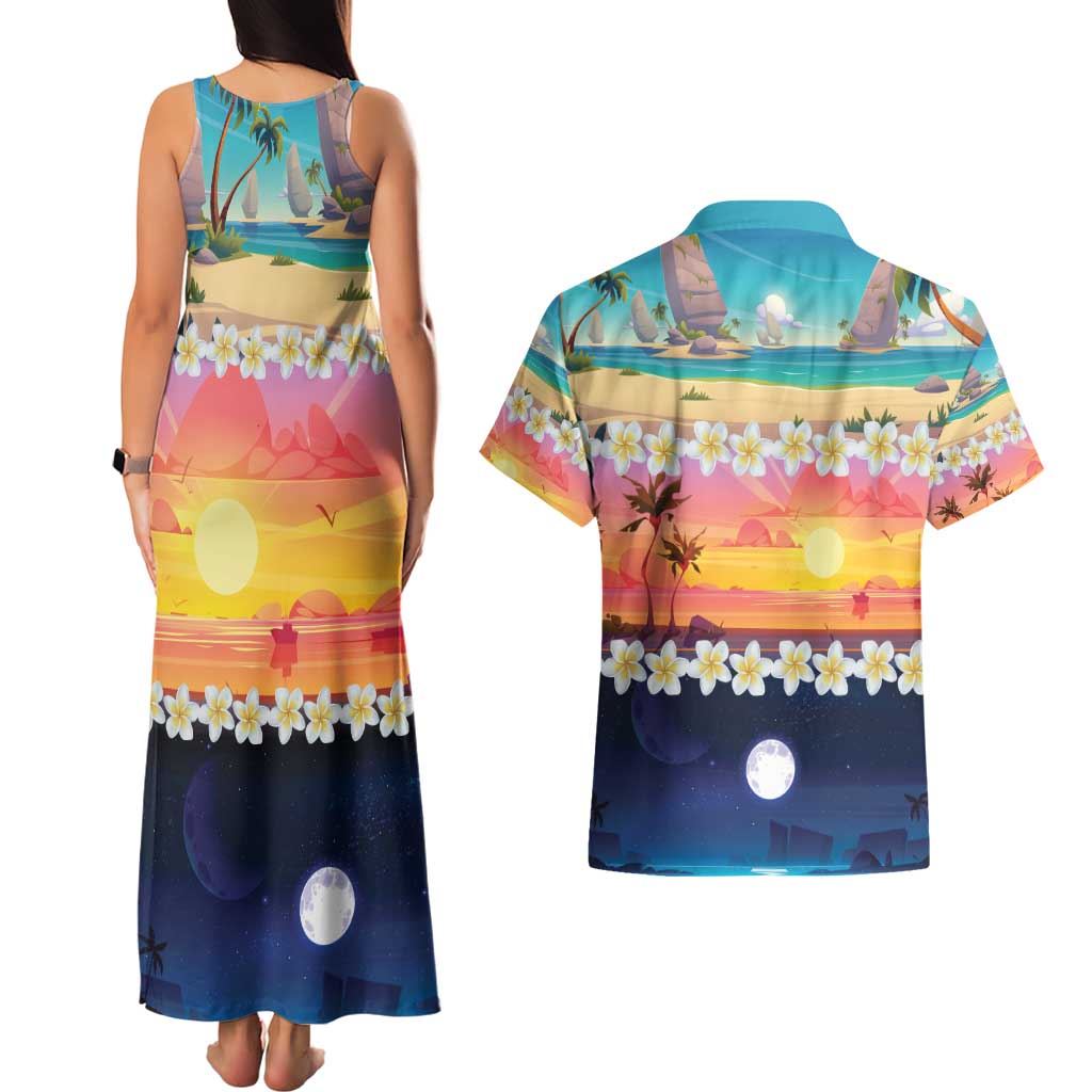 Hawaii Beach Landscape Time-Lapse Couples Matching Tank Maxi Dress and Hawaiian Shirt Tropical Plumeria Flowers - Polynesian Pride