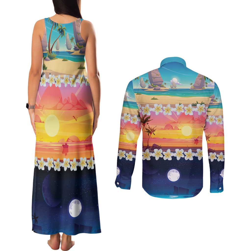 Hawaii Beach Landscape Time-Lapse Couples Matching Tank Maxi Dress and Long Sleeve Button Shirt Tropical Plumeria Flowers - Polynesian Pride