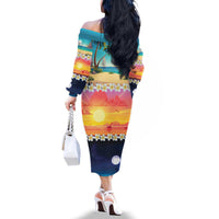 Hawaii Beach Landscape Time-Lapse Family Matching Off The Shoulder Long Sleeve Dress and Hawaiian Shirt Tropical Plumeria Flowers - Polynesian Pride