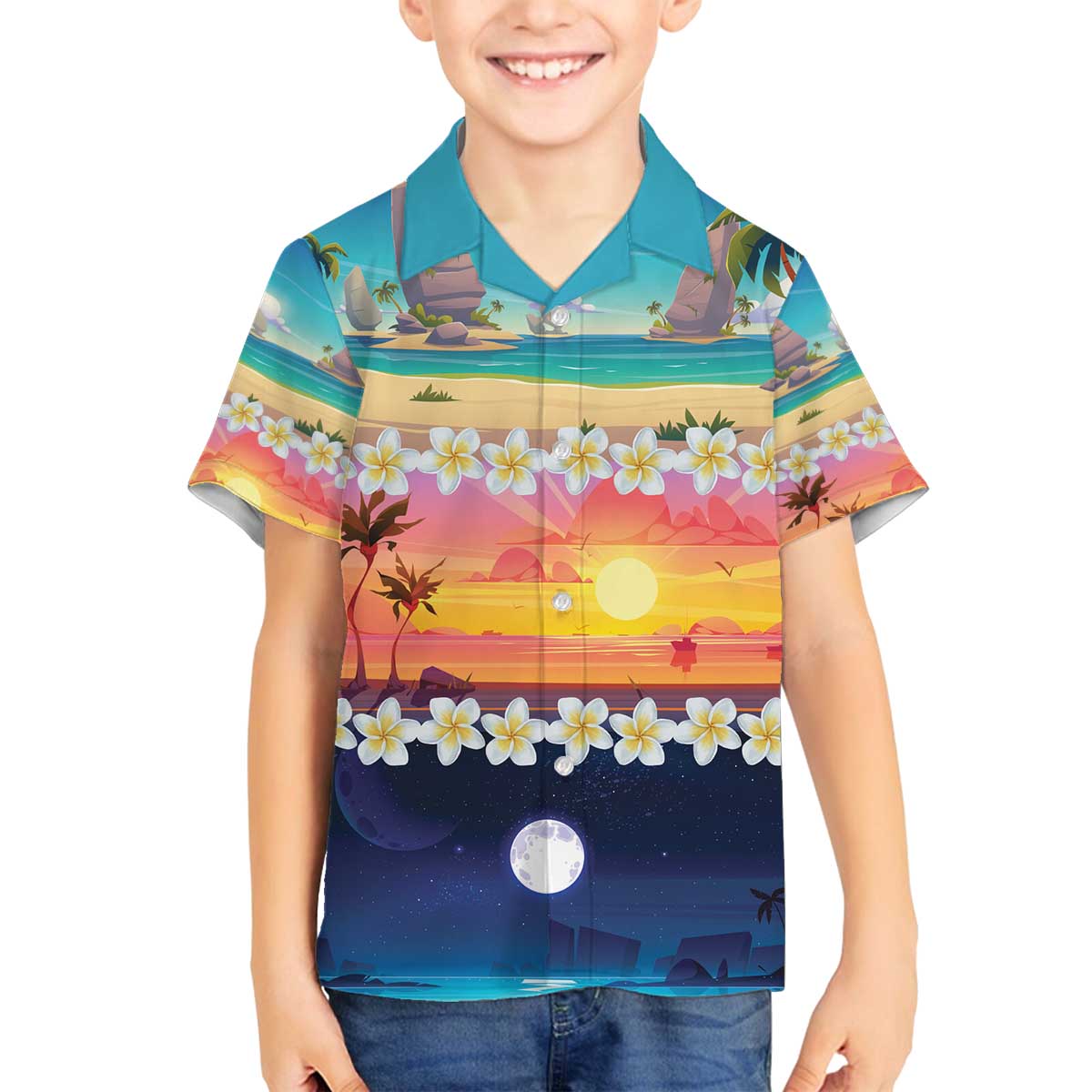 Hawaii Beach Landscape Time-Lapse Family Matching Off The Shoulder Long Sleeve Dress and Hawaiian Shirt Tropical Plumeria Flowers - Polynesian Pride