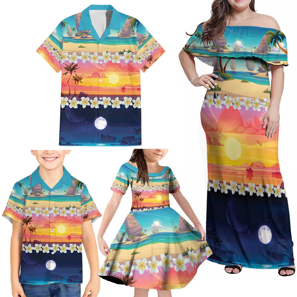 Hawaii Beach Landscape Time-Lapse Family Matching Off Shoulder Maxi Dress and Hawaiian Shirt Tropical Plumeria Flowers - Polynesian Pride