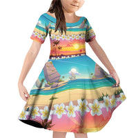 Hawaii Beach Landscape Time-Lapse Family Matching Off Shoulder Short Dress and Hawaiian Shirt Tropical Plumeria Flowers - Polynesian Pride