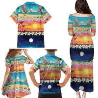 Hawaii Beach Landscape Time-Lapse Family Matching Puletasi and Hawaiian Shirt Tropical Plumeria Flowers - Polynesian Pride