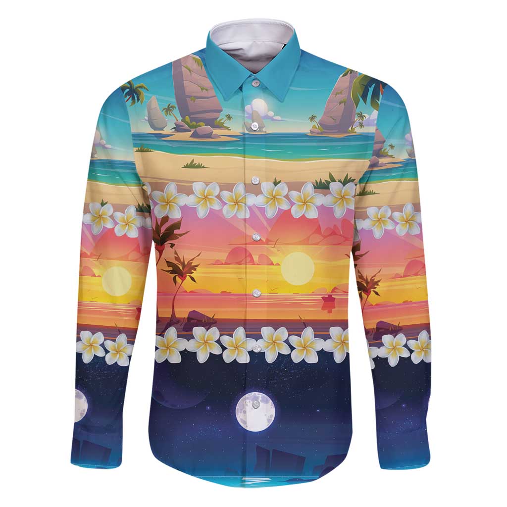 Hawaii Beach Landscape Time-Lapse Family Matching Puletasi and Hawaiian Shirt Tropical Plumeria Flowers - Polynesian Pride