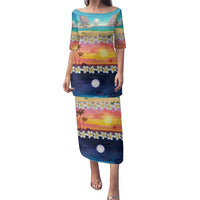 Hawaii Beach Landscape Time-Lapse Family Matching Puletasi and Hawaiian Shirt Tropical Plumeria Flowers - Polynesian Pride