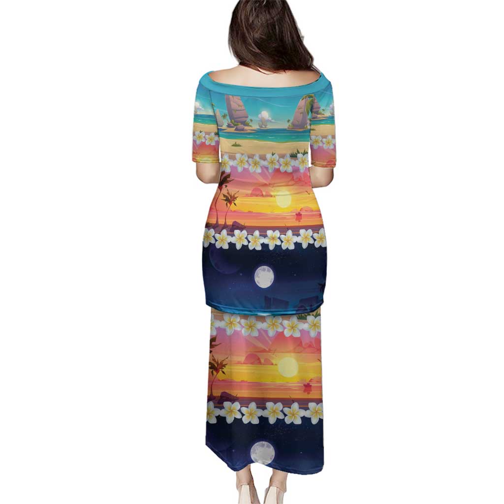 Hawaii Beach Landscape Time-Lapse Family Matching Puletasi and Hawaiian Shirt Tropical Plumeria Flowers - Polynesian Pride