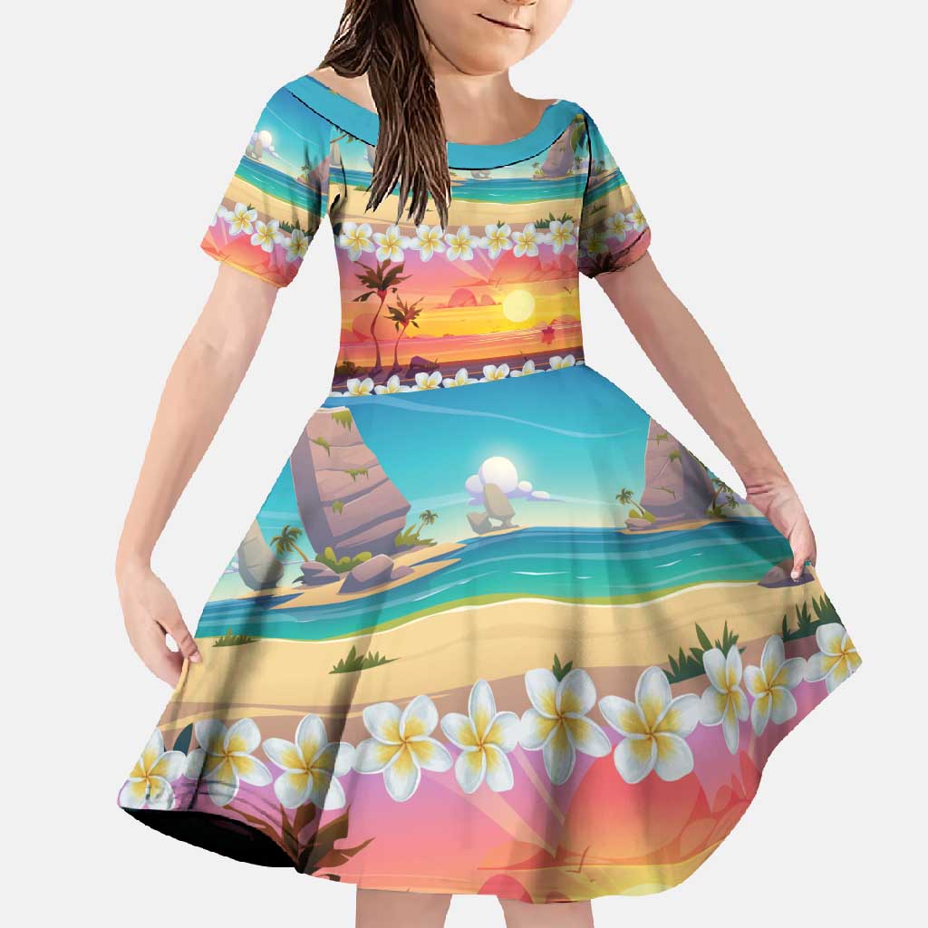 Hawaii Beach Landscape Time-Lapse Family Matching Short Sleeve Bodycon Dress and Hawaiian Shirt Tropical Plumeria Flowers - Polynesian Pride