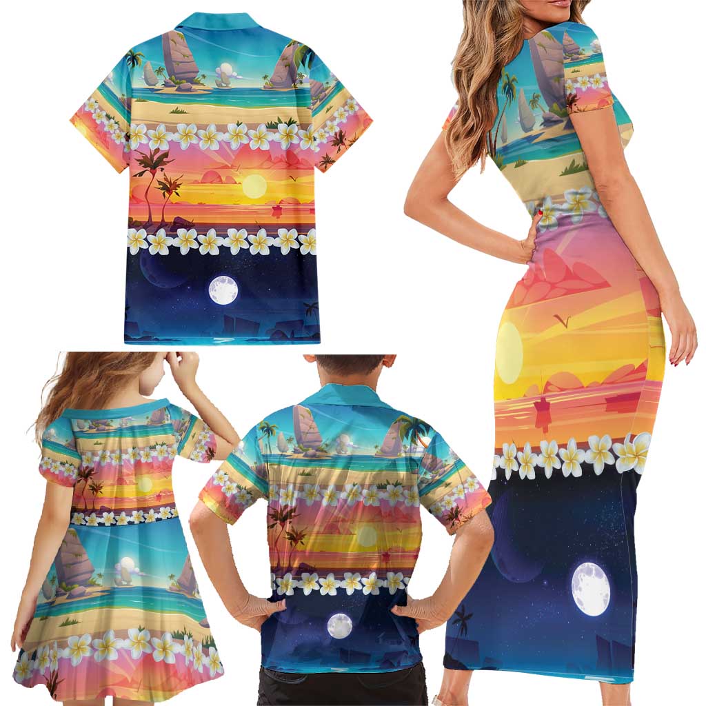 Hawaii Beach Landscape Time-Lapse Family Matching Short Sleeve Bodycon Dress and Hawaiian Shirt Tropical Plumeria Flowers - Polynesian Pride