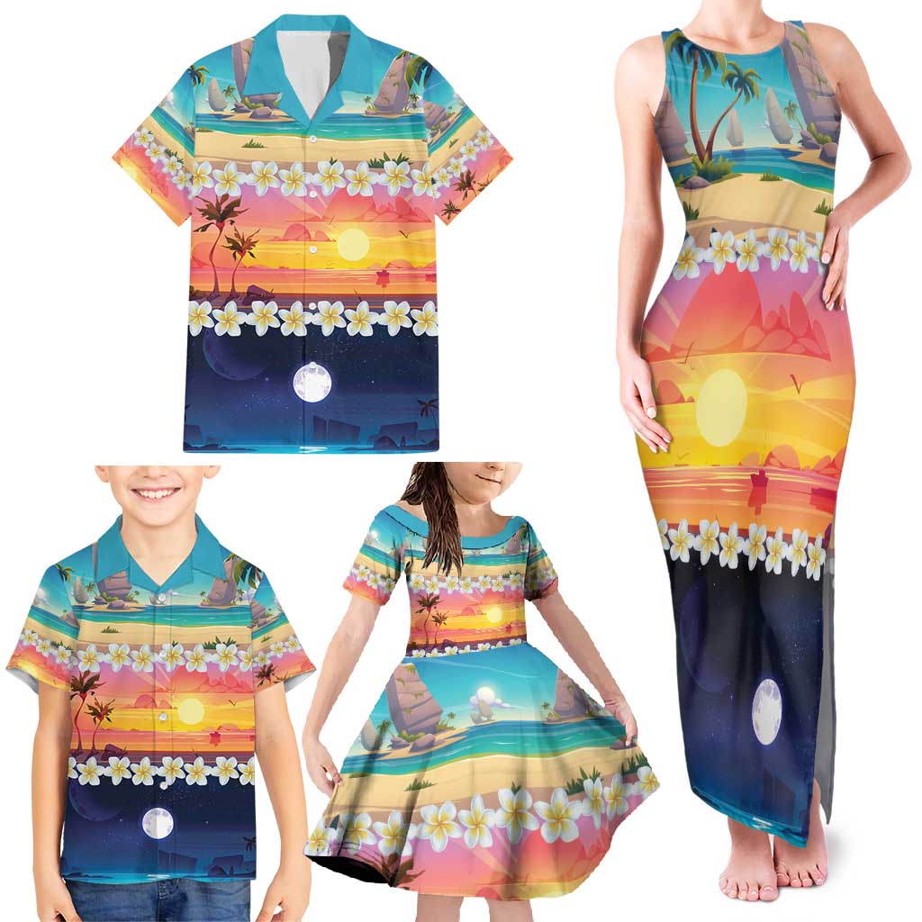 Hawaii Beach Landscape Time-Lapse Family Matching Tank Maxi Dress and Hawaiian Shirt Tropical Plumeria Flowers - Polynesian Pride
