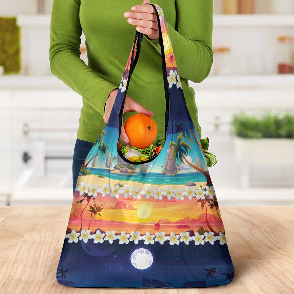 Hawaii Beach Landscape Time-Lapse Grocery Bag Tropical Plumeria Flowers - Polynesian Pride