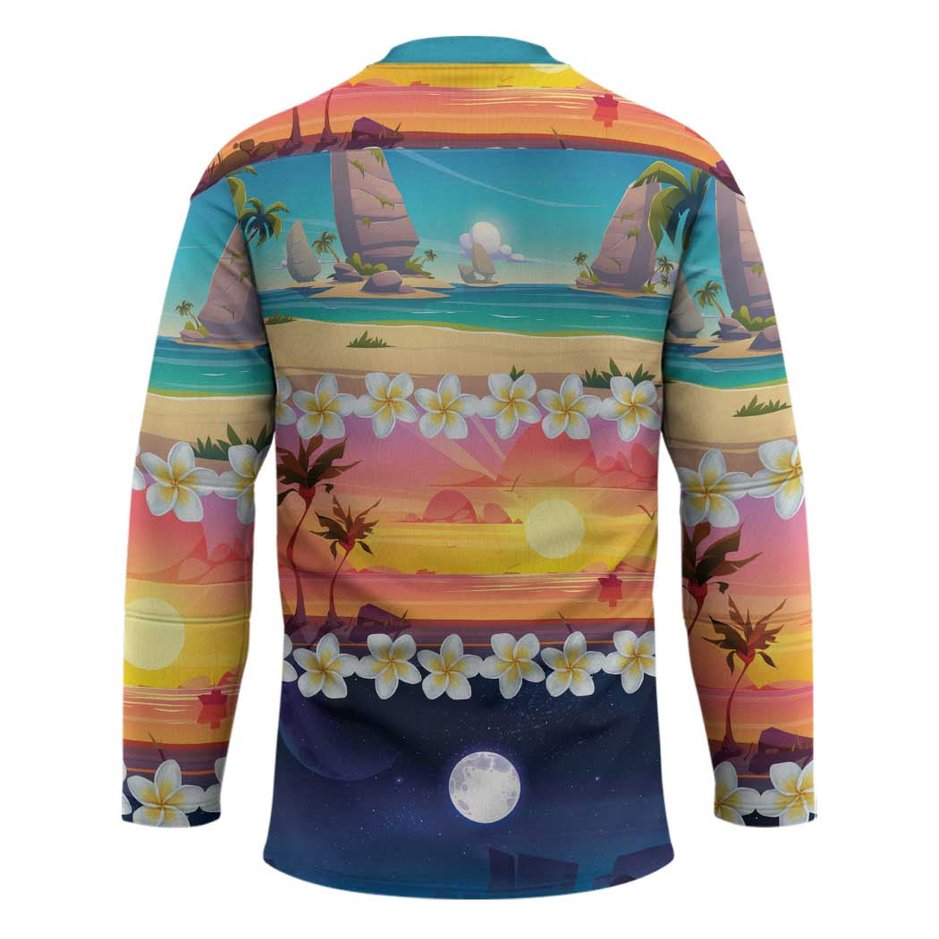 Hawaii Beach Landscape Time-Lapse Hockey Jersey Tropical Plumeria Flowers - Polynesian Pride