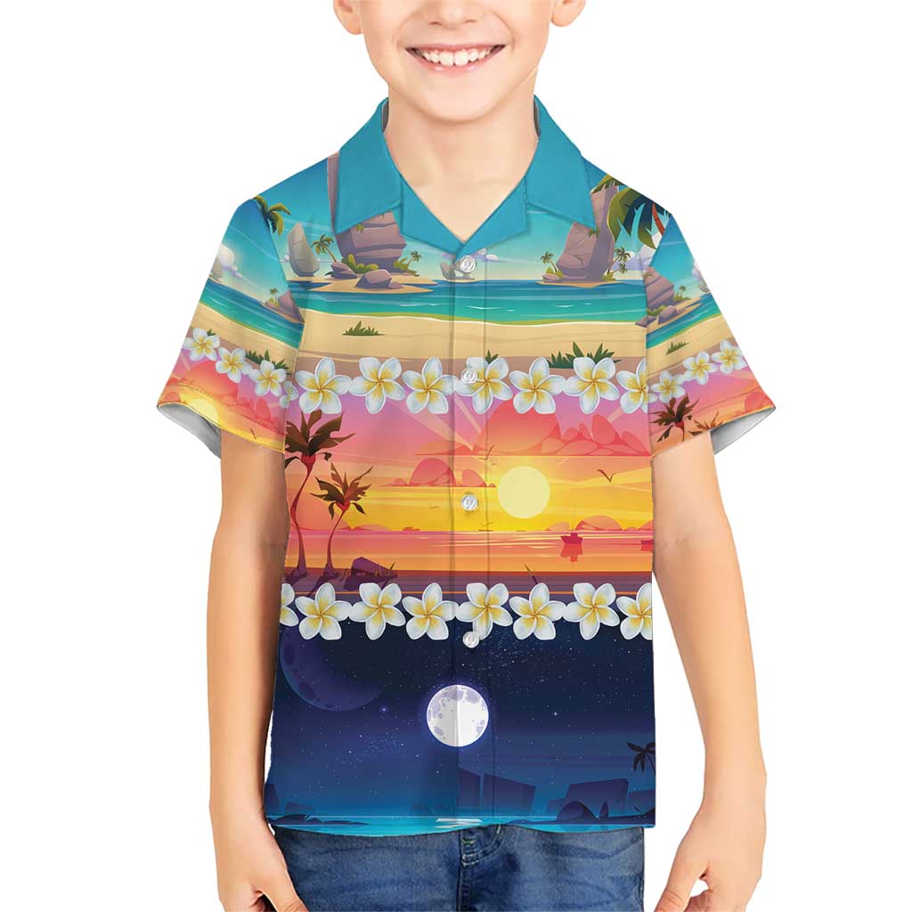 Hawaii Beach Landscape Time-Lapse Kid Hawaiian Shirt Tropical Plumeria Flowers - Polynesian Pride