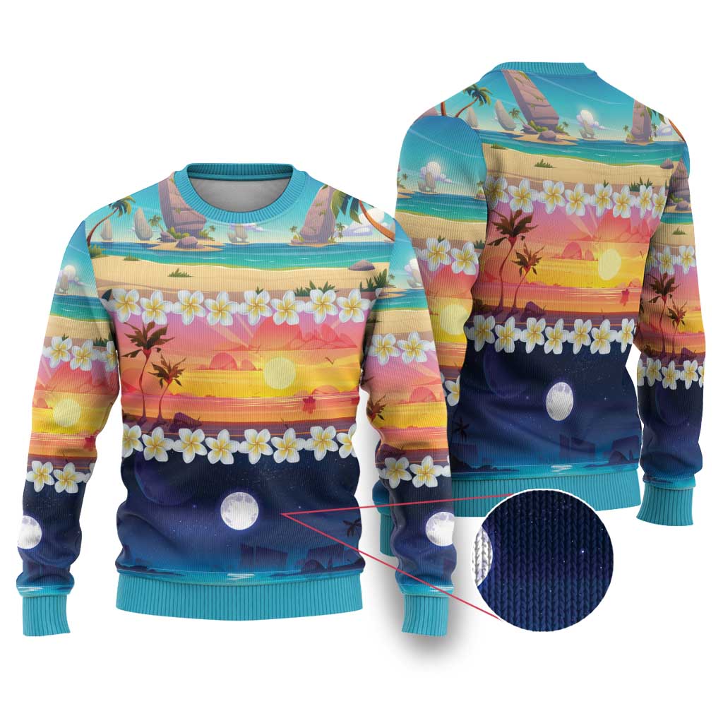 Hawaii Beach Landscape Time-Lapse Ugly Christmas Sweater Tropical Plumeria Flowers - Polynesian Pride