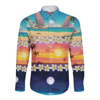Hawaii Beach Landscape Time-Lapse Long Sleeve Button Shirt Tropical Plumeria Flowers - Polynesian Pride