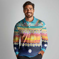 Hawaii Beach Landscape Time-Lapse Long Sleeve Polo Shirt Tropical Plumeria Flowers - Polynesian Pride
