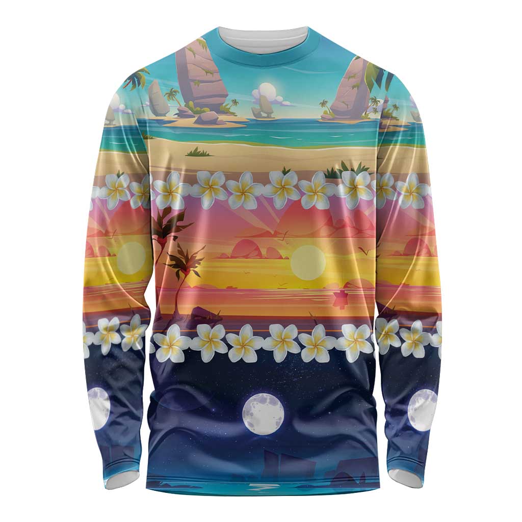 Hawaii Beach Landscape Time-Lapse Long Sleeve Shirt Tropical Plumeria Flowers - Polynesian Pride