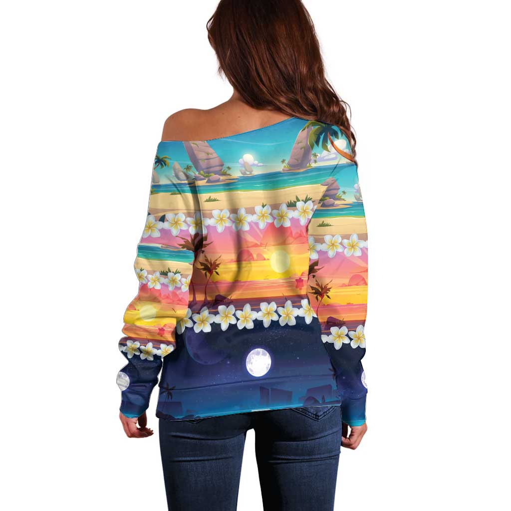 Hawaii Beach Landscape Time-Lapse Off Shoulder Sweater Tropical Plumeria Flowers - Polynesian Pride