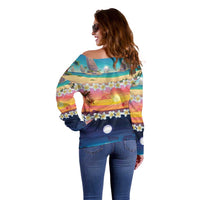 Hawaii Beach Landscape Time-Lapse Off Shoulder Sweater Tropical Plumeria Flowers - Polynesian Pride