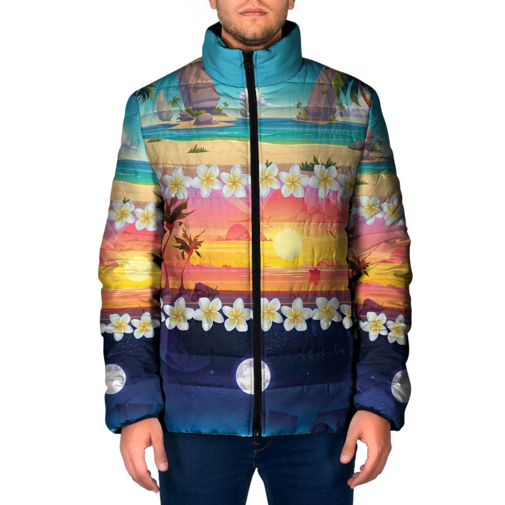 Hawaii Beach Landscape Time-Lapse Padded Jacket Tropical Plumeria Flowers - Polynesian Pride