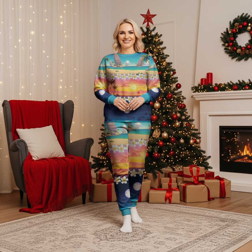 Hawaii Beach Landscape Time-Lapse Christmas Pajama Set Tropical Plumeria Flowers - Polynesian Pride