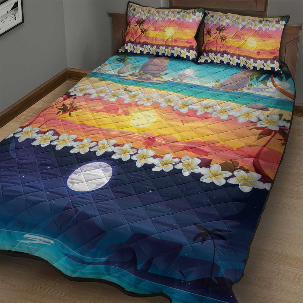 Hawaii Beach Landscape Time-Lapse Quilt Bed Set Tropical Plumeria Flowers - Polynesian Pride