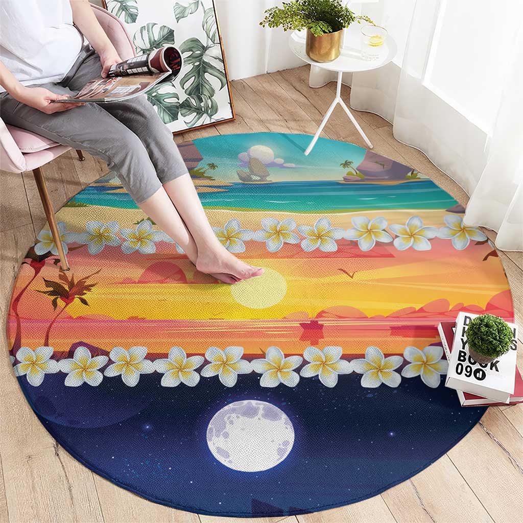 Hawaii Beach Landscape Time-Lapse Round Carpet Tropical Plumeria Flowers - Polynesian Pride
