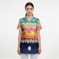 Hawaii Beach Landscape Time-Lapse Scrub Top Tropical Plumeria Flowers - Polynesian Pride