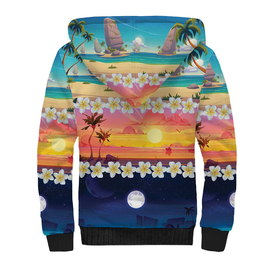 Hawaii Beach Landscape Time-Lapse Sherpa Hoodie Tropical Plumeria Flowers - Polynesian Pride