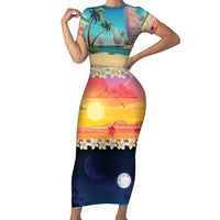 Hawaii Beach Landscape Time-Lapse Short Sleeve Bodycon Dress Tropical Plumeria Flowers - Polynesian Pride