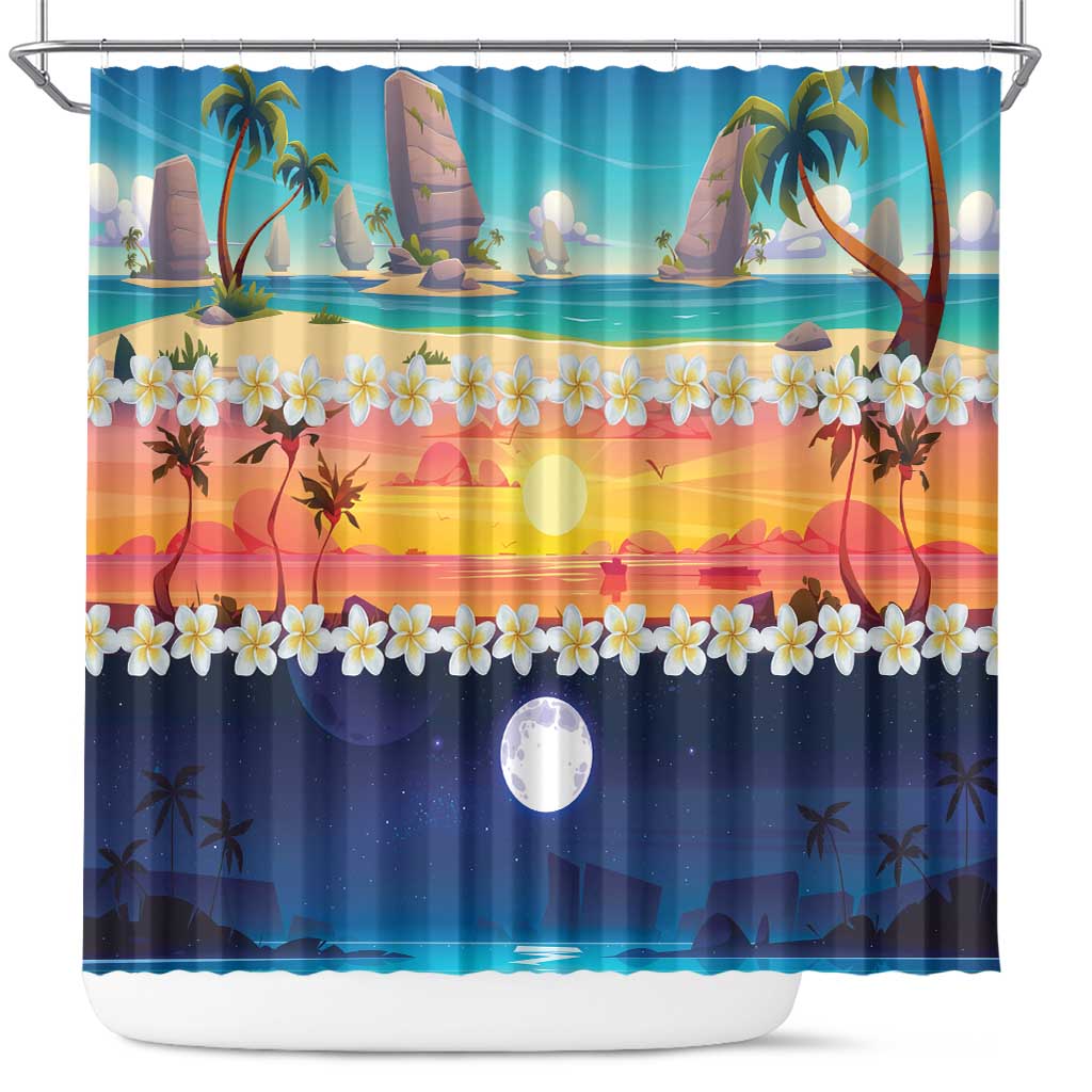 Hawaii Beach Landscape Time-Lapse Shower Curtain Tropical Plumeria Flowers - Polynesian Pride