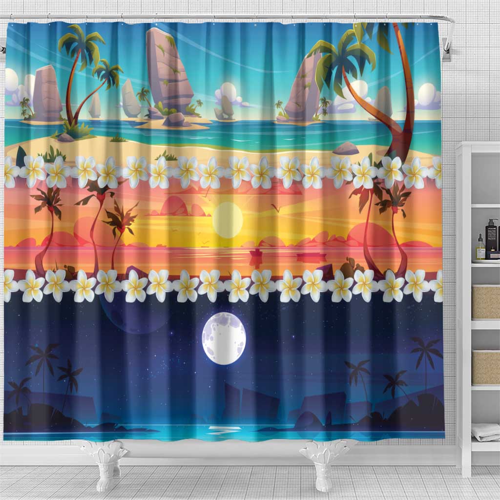 Hawaii Beach Landscape Time-Lapse Shower Curtain Tropical Plumeria Flowers - Polynesian Pride
