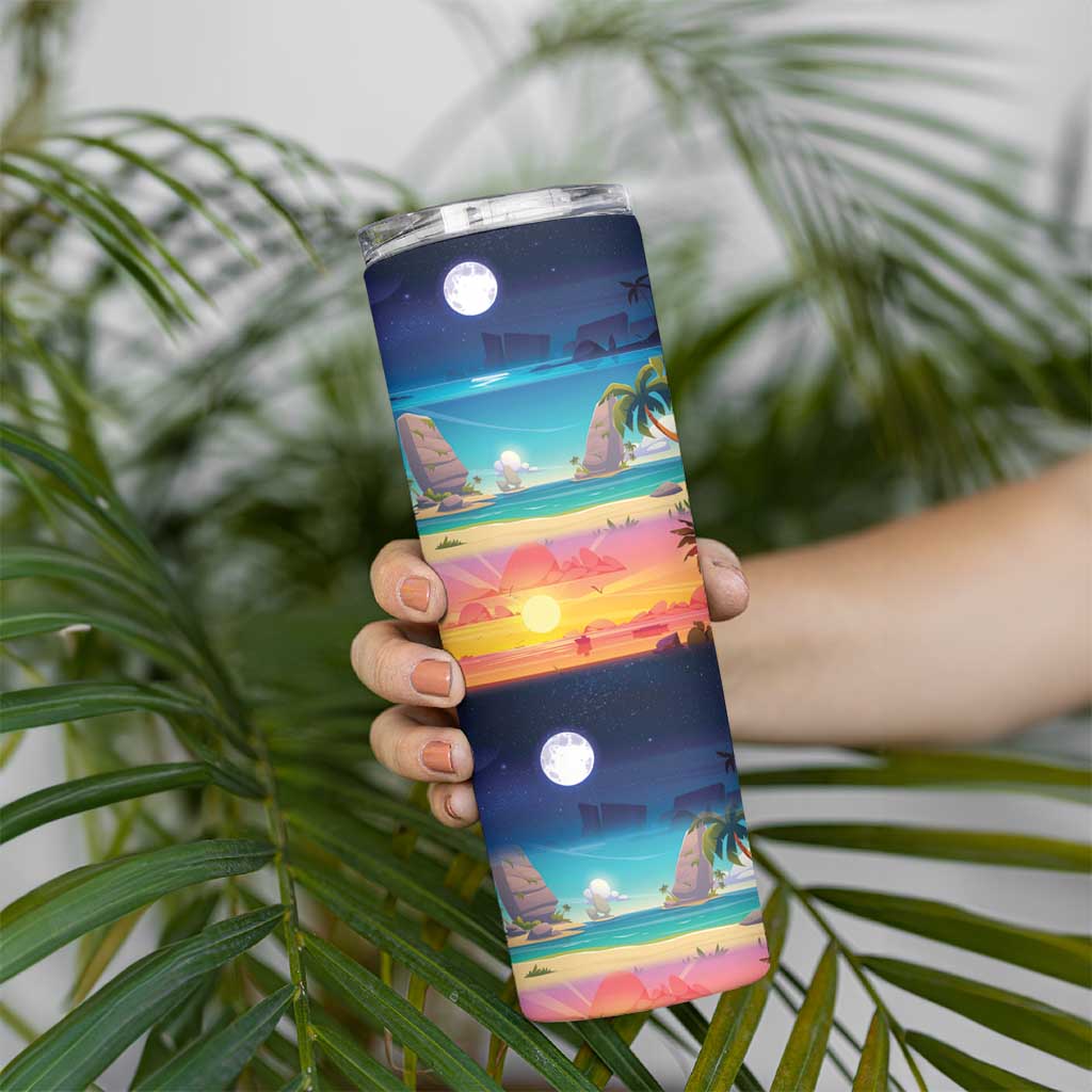 Hawaii Beach Landscape Time-Lapse Skinny Tumbler Tropical Plumeria Flowers - Polynesian Pride