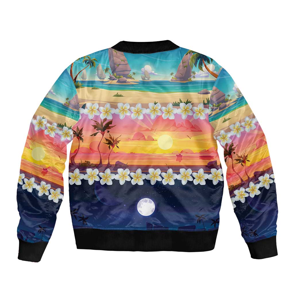 Hawaii Beach Landscape Time-Lapse Sleeve Zip Bomber Jacket Tropical Plumeria Flowers - Polynesian Pride