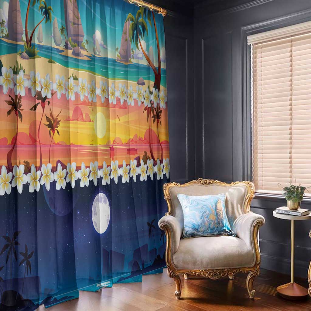 Hawaii Beach Landscape Time-Lapse Window Curtain Tropical Plumeria Flowers - Polynesian Pride