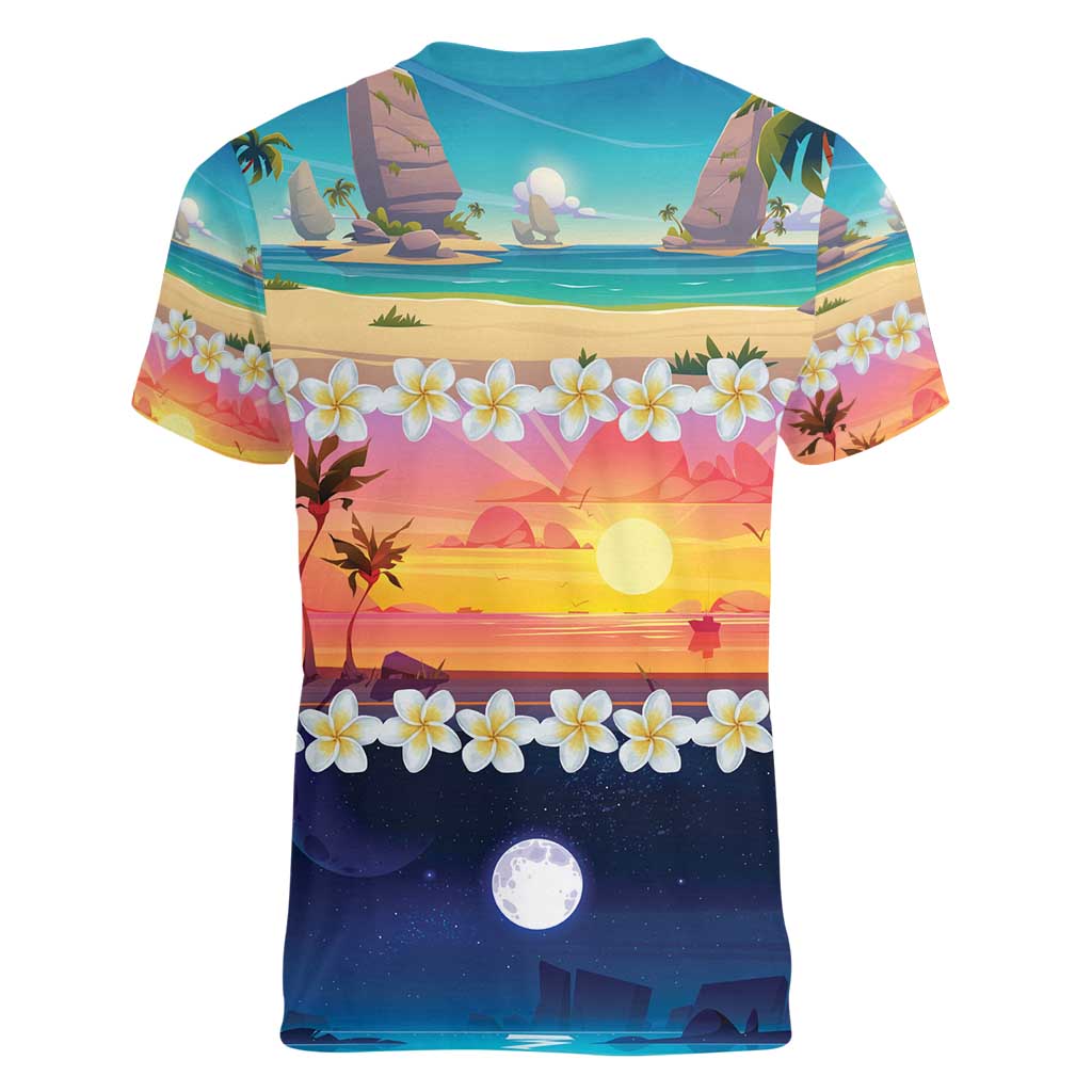 Hawaii Beach Landscape Time-Lapse Women V-Neck T-Shirt Tropical Plumeria Flowers - Polynesian Pride