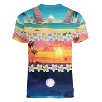 Hawaii Beach Landscape Time-Lapse Women V-Neck T-Shirt Tropical Plumeria Flowers - Polynesian Pride